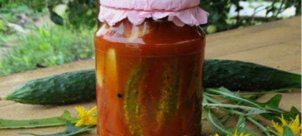 Огурцы в томатной чесночной заливке на зиму Огурцы в томатной чесночной заливке на зиму